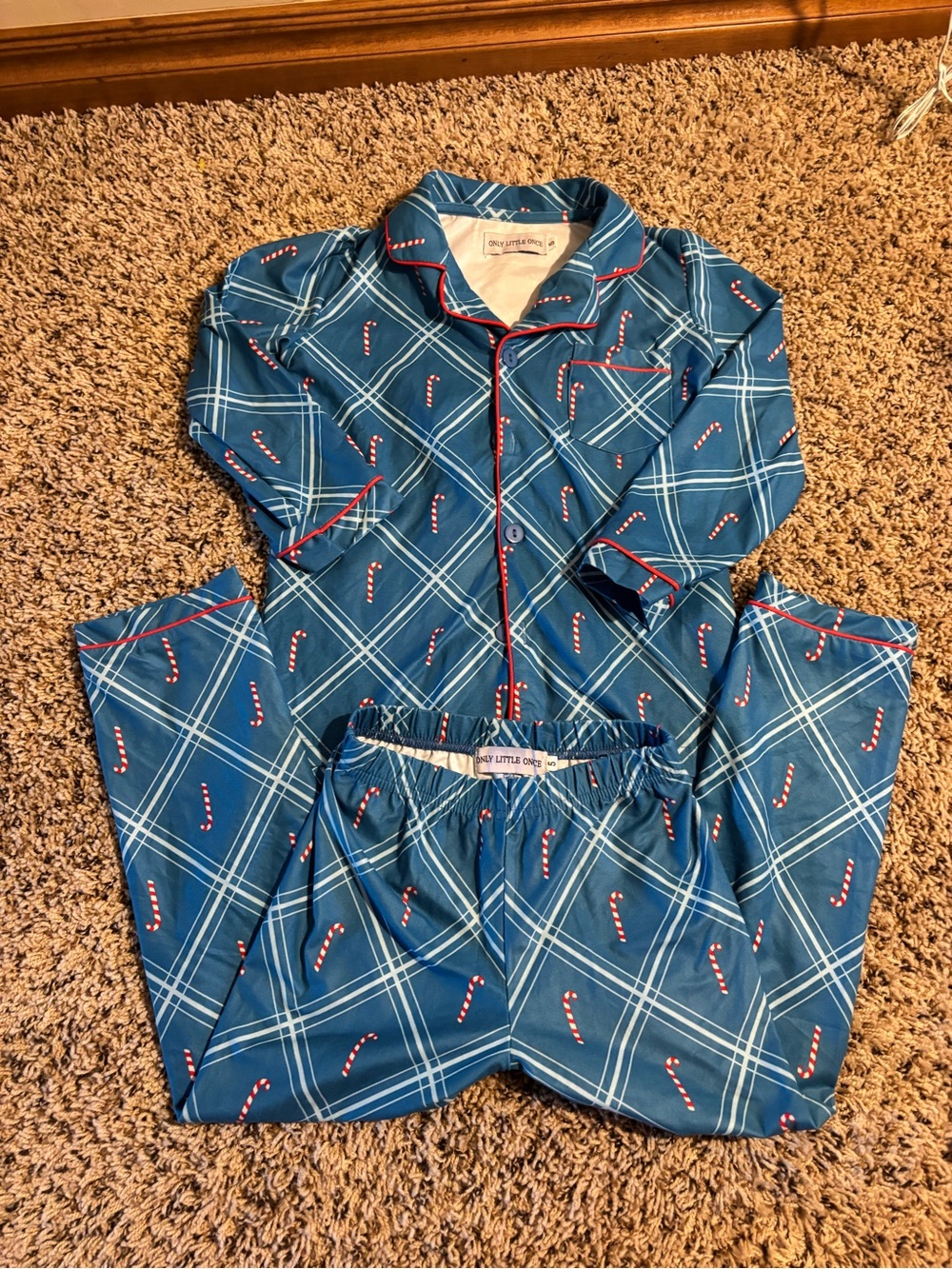 Blue Plaid Kids Pajama Set with Candy Cane Print - Long Sleeve